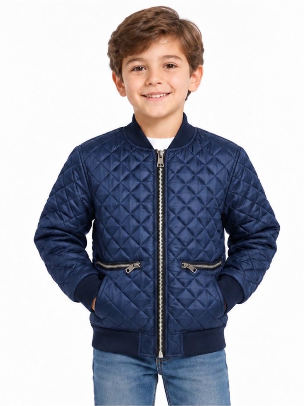 Parish Nation Boys Size 8 Navy Blue Quilted Satin Bomber Jacket Zip Pockets